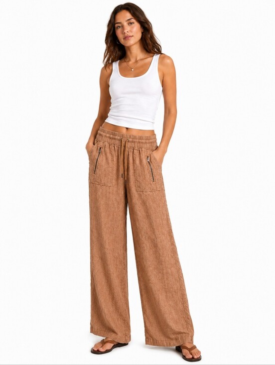 Athleta Pants - Athleta Textured Wide Leg Pant 100% Linen Tan Jogger Size 8